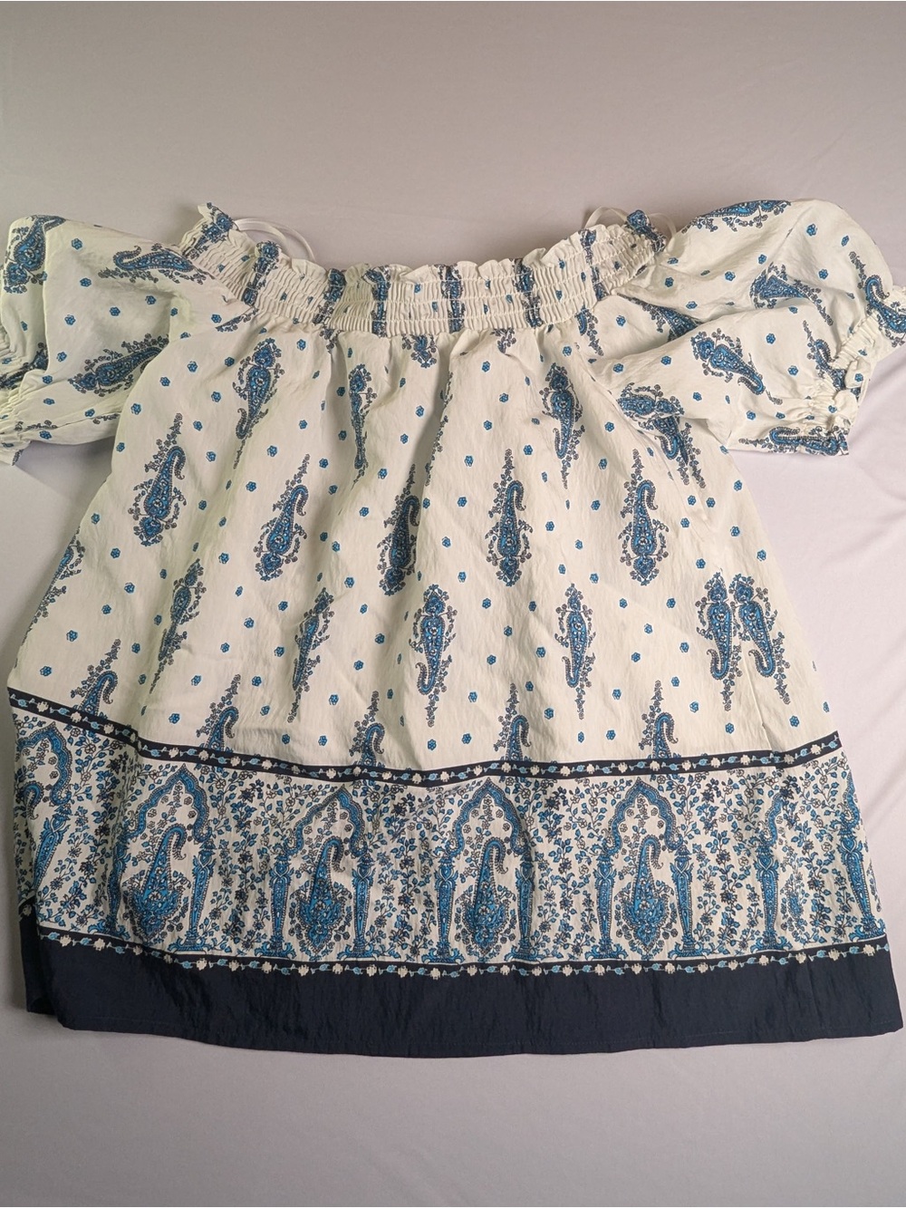 LOFT White Off-Shoulder Top with Blue Paisley Print
